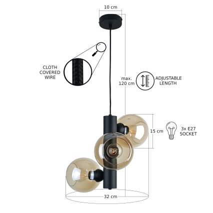 Lühter TUBE 3xE27/60W/230V must/suitsune beež