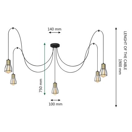 Lühter TUBE 5xE27/15W/230V ämblik must/kuldne