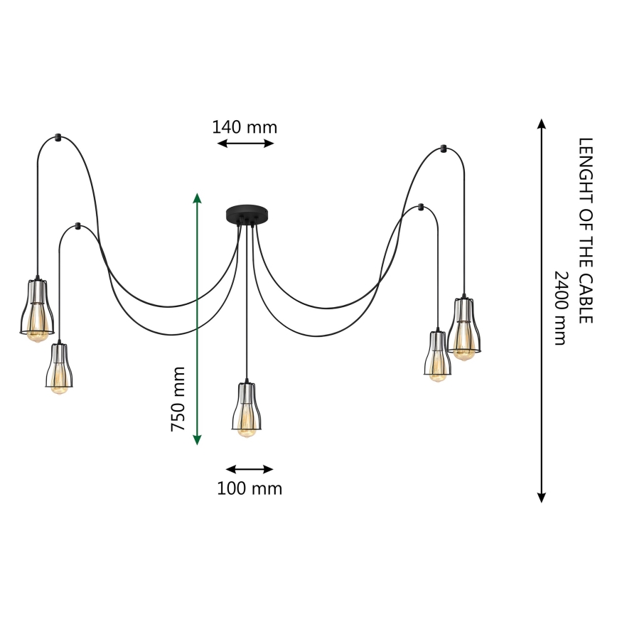 Lühter TUBE LONG 5xE27/15W/230V must/läikiv kroom