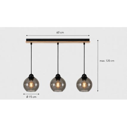 Lühter UNO WOOD 3xE27/60W/230V must/pruun