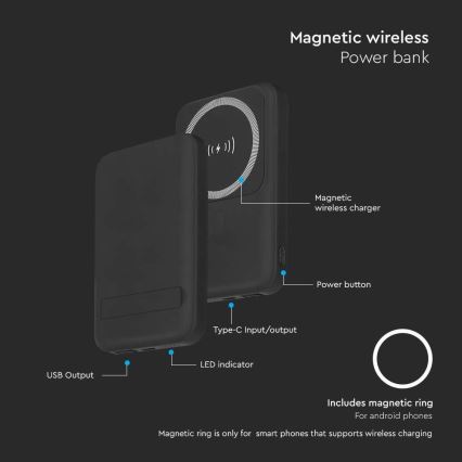 Magnetiline akupank juhtmevaba laadijaga Power Delivery 10 000mAh/20W/3,7V must