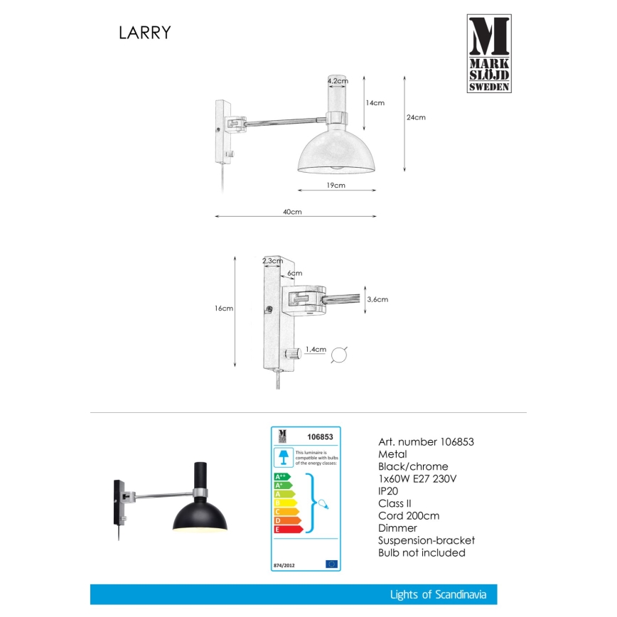 Markslöjd 106.970 - hämardatav Seinavalgusti LARRY 1xE27/60W/230V