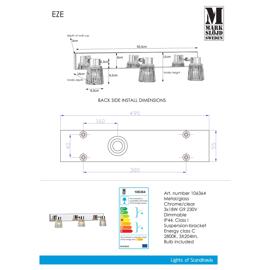 Markslöjd 106364 -Hämardatav seinavalgusti EZE 3xG9/18W/230V