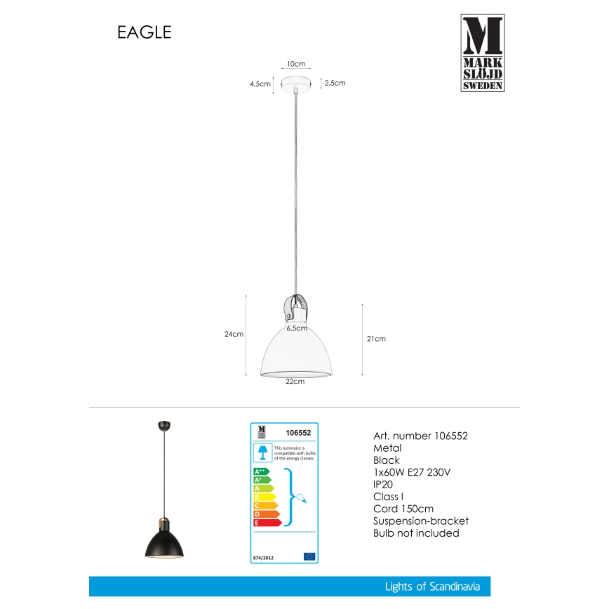 Markslöjd 106552 - Lühter EAGLE 1xE27/60W/230V must