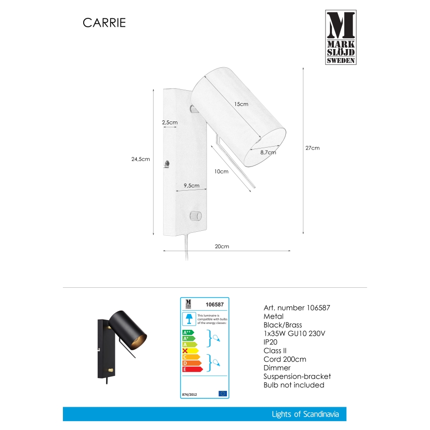 Markslöjd 106587 - Hämardatav seinavalgusti CARRIE 1xGU10/35W/230V must