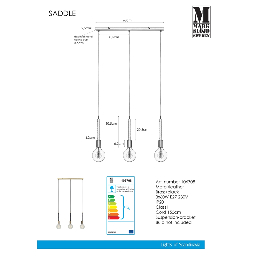 Markslöjd 106708 - Lühter SEDLO 3xE27/60W/230V