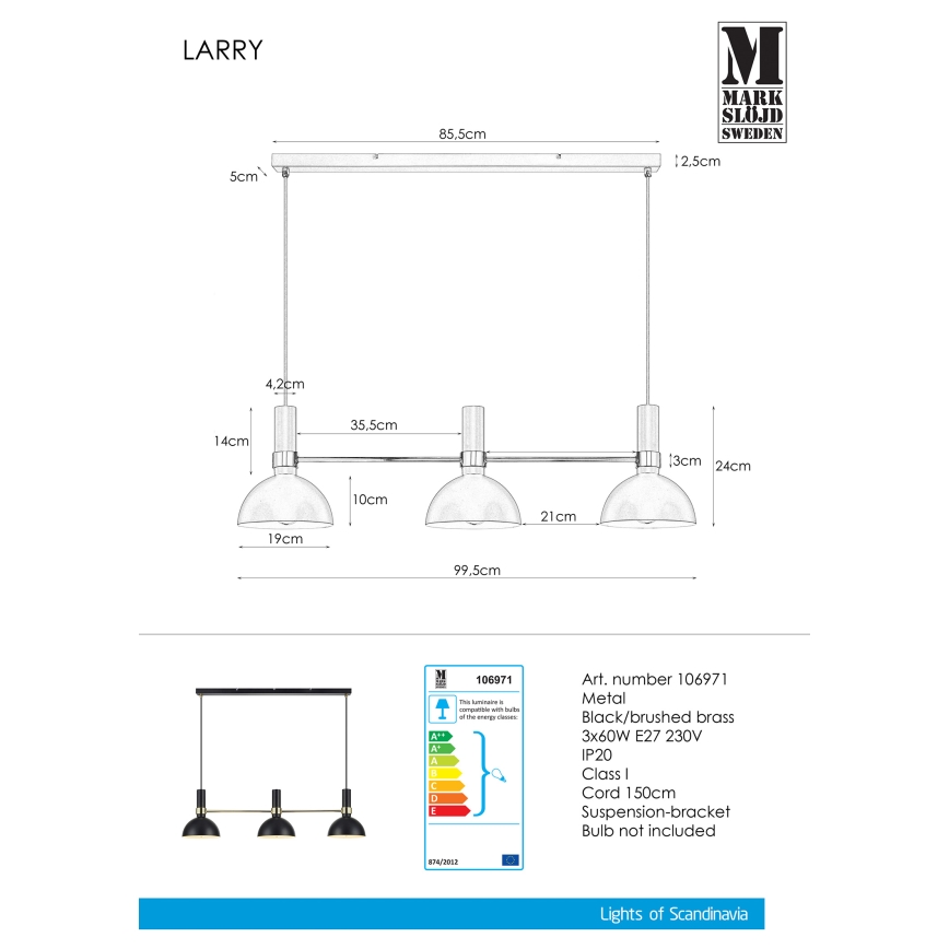 Markslöjd 106971 - Lühter LARRY 3xE27/60W/230V must/kuldne