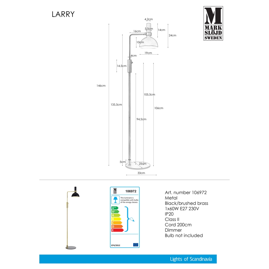 Markslöjd 106972 - Hämardatav põrandalamp LARRY 1xE27/60W/230V must/kuldne