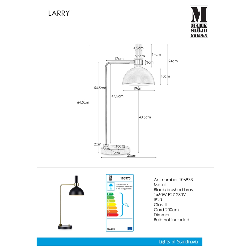Markslöjd 106973 - Hämardatav laualamp LARRY 1xE27/60W/230V