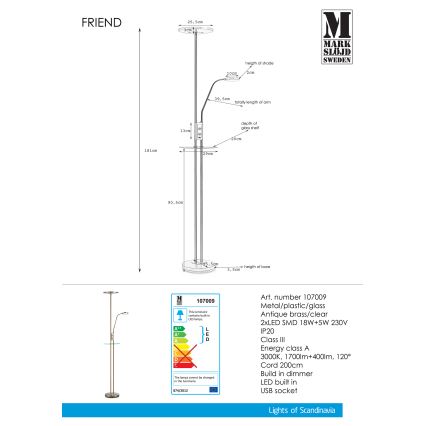 Markslöjd 107.009 - hämardatav LED põrandalamp FRIEND LED/18W/230V + LED/5W