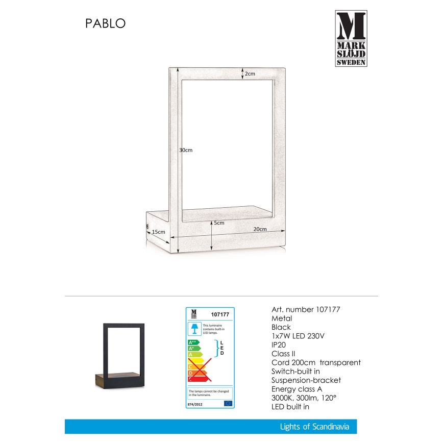 Markslöjd 107.177 - LED Seinavalgusti raam PABLO LED/7W/230V