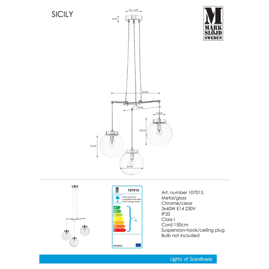 Markslöjd 107015 - Lühter SICILY 3xE14/40W/230V