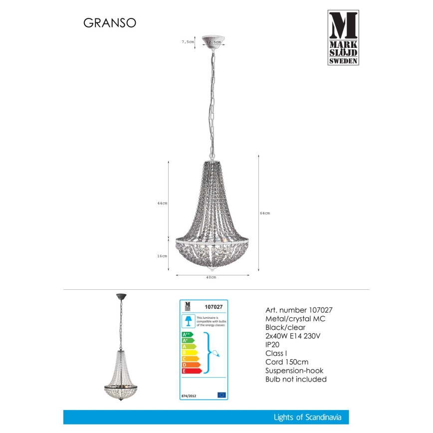Markslöjd 107027 - Kristall-lühter GRÄNSÖ 2xE14/40W/230V