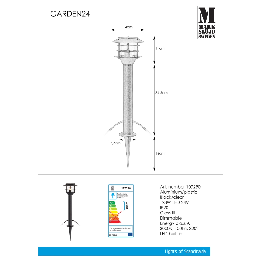 Markslöjd 107290 - LED Välivalgusti GARDEN 24 LED/3W/24V 45 cm IP44 must