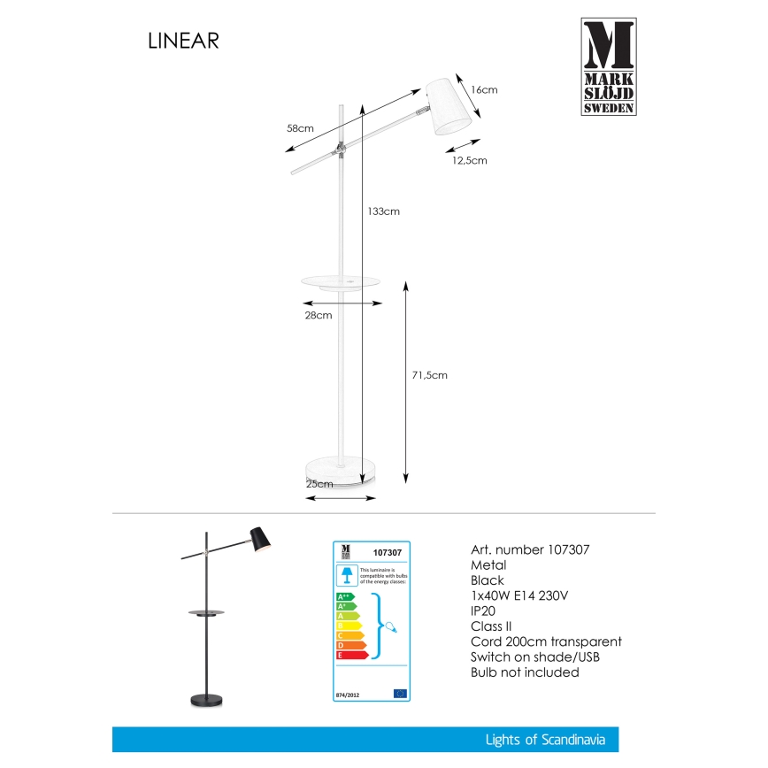 Markslöjd 107307 - Põrandalamp koos USB-ga LINEAR 1xE14/40W/230V