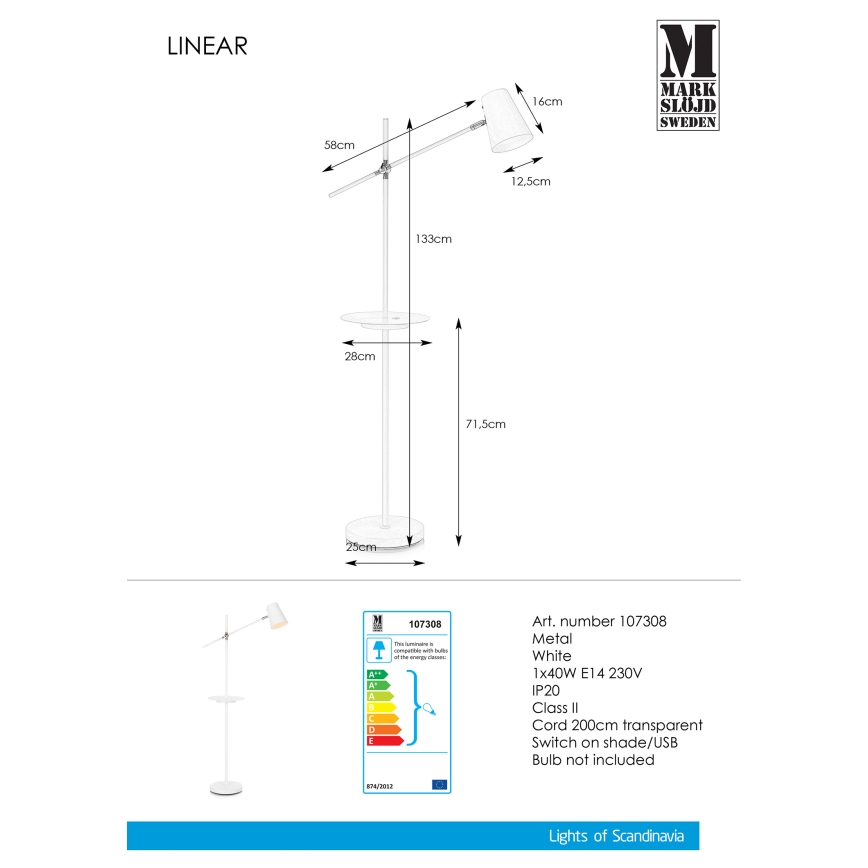 Markslöjd 107308 - põrandalamp USB-ga LINEAR 1xE14/40W/230V