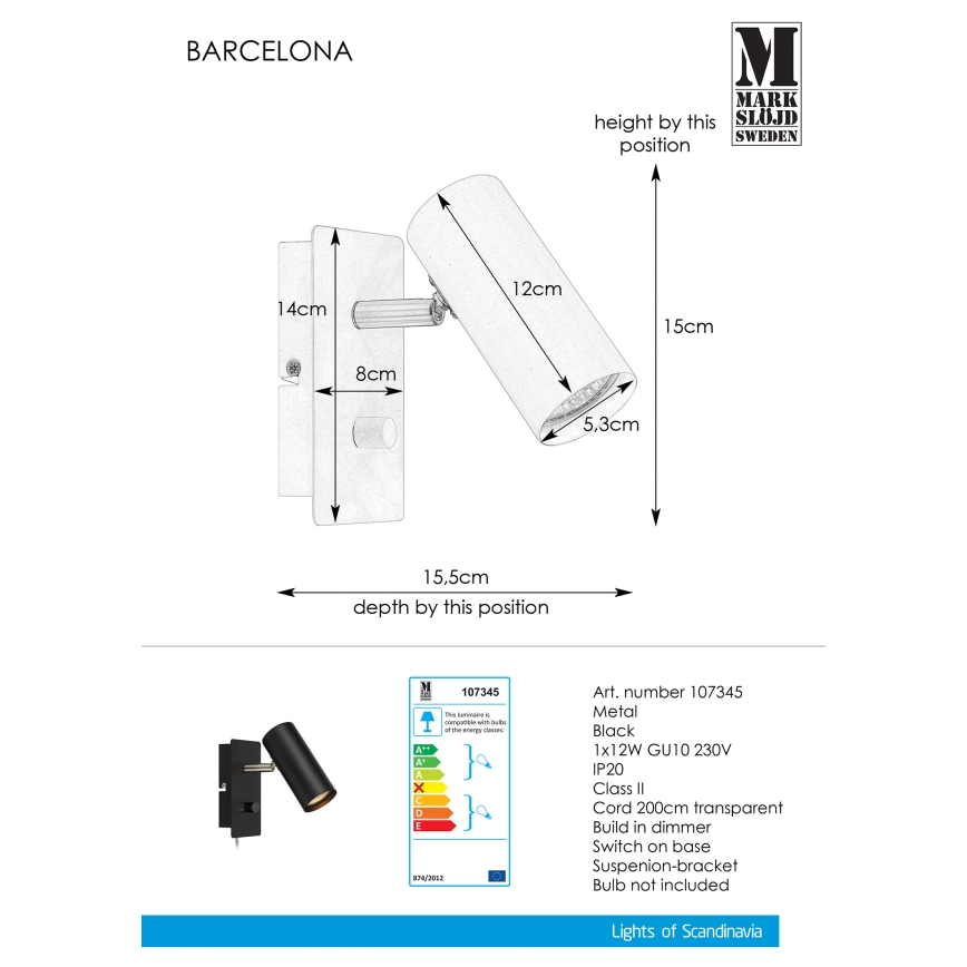 Markslöjd 107345 - Hämardatav kohtvalgusti seinale BARCELONA 1xGU10/12W/230V