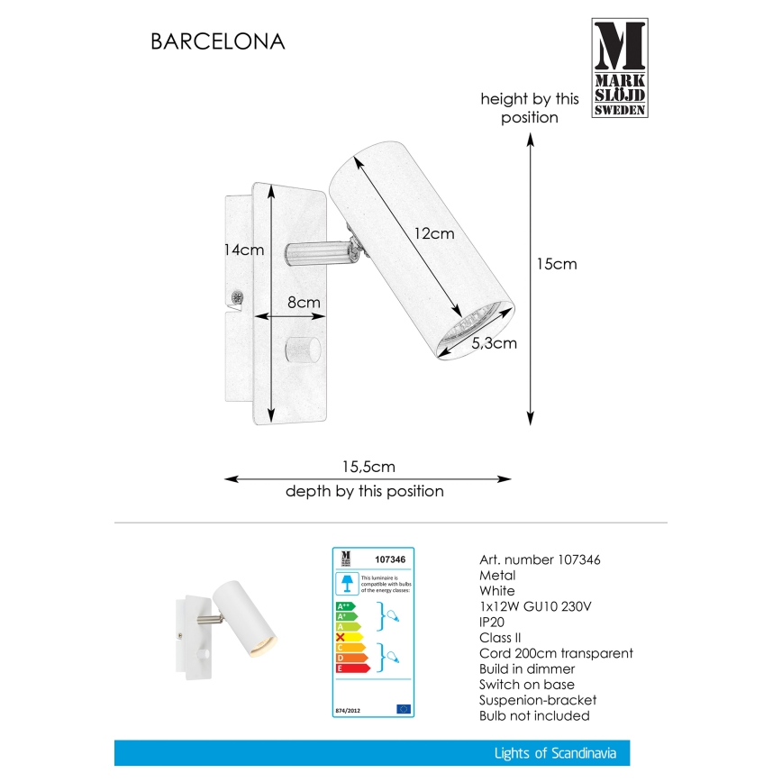 Markslöjd 107346 - Hämardatav kohtvalgusti seinale BARCELONA 1xGU10/12W/230
