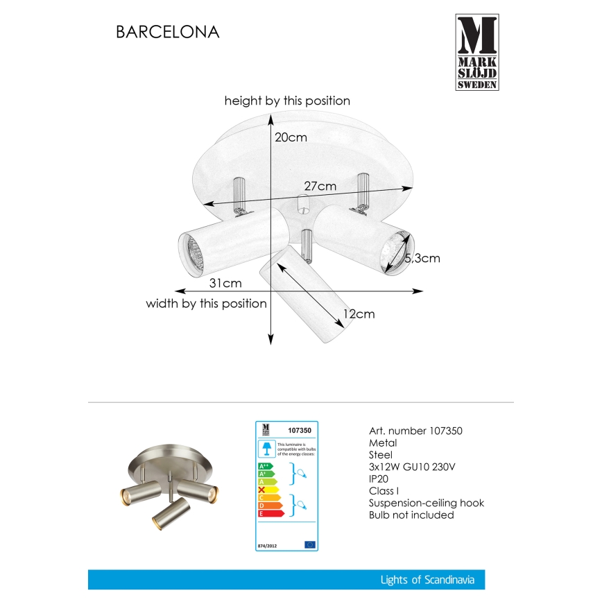 Markslöjd 107350 - Kohtvalgusti BARCELONA 3xGU10/12W/230V