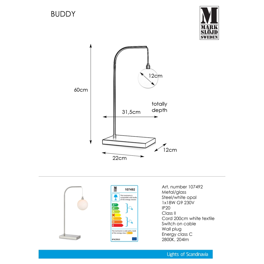 Markslöjd 107492 - Laualamp BUDDY 1xG9/18W/230V