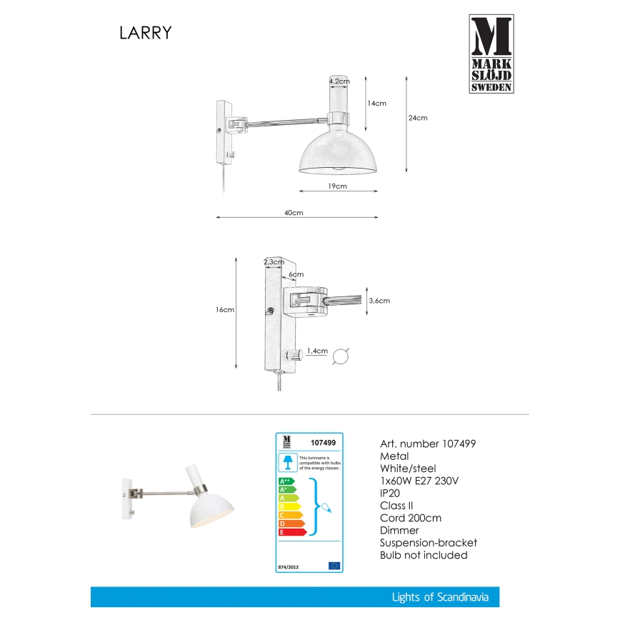 Markslöjd 107499 - Hämardatav seinavalgusti LARRY 1xE27/60W/230V