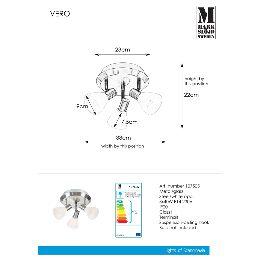 Markslöjd 107505 - Kohtvalgusti VERO 3xE14/40W/230V läikiv kroom