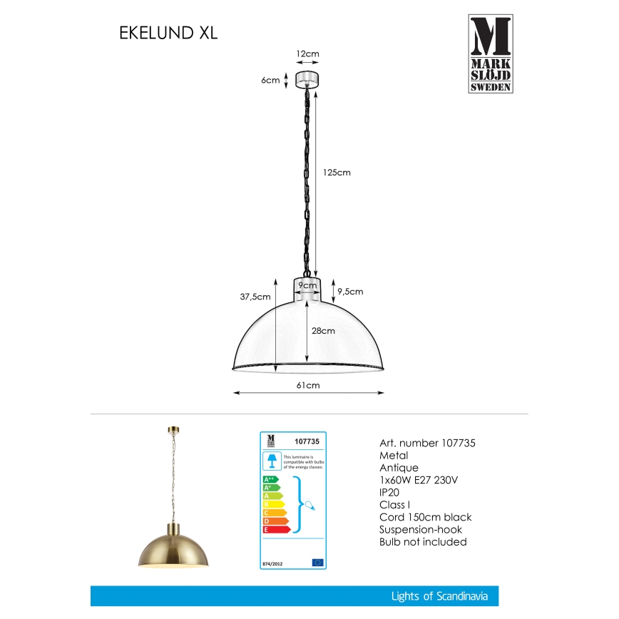 Markslöjd 107735 - Ketiga lühter EKELUND 1xE27/60W/230V