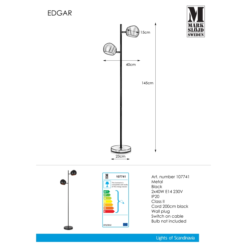 Markslöjd 107741 - Põrandalamp EDGAR 2xE14/40W/230V
