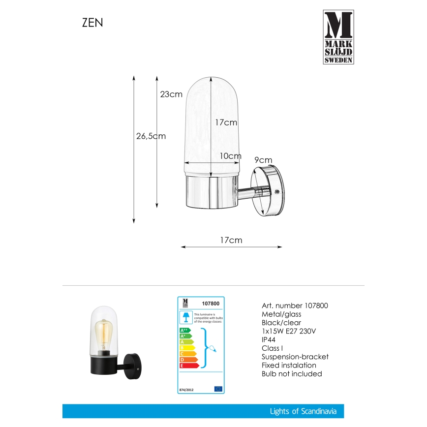Markslöjd 107800 - Seinavalgusti vannituppa ZEN 1xE27/15W/230V IP44