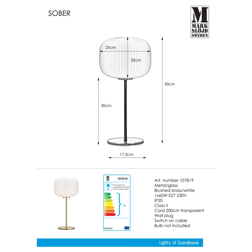 Markslöjd 107819 - Laualamp SOBER 1xE27/60W/230Vvalge/messing