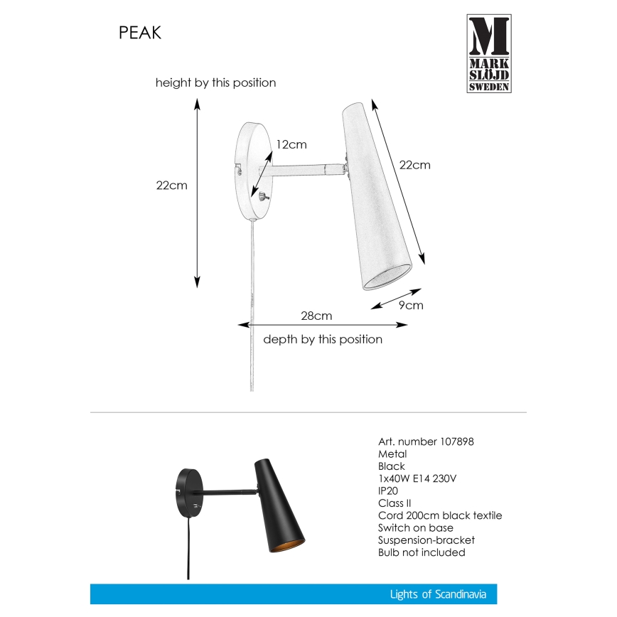 Markslöjd 107898 - Seinalamp PEAK 1xE14/40W/230V