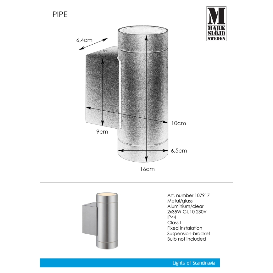 Markslöjd 107917 - Väli seinavalgusti PIPE 2xGU10/35W/230V IP44