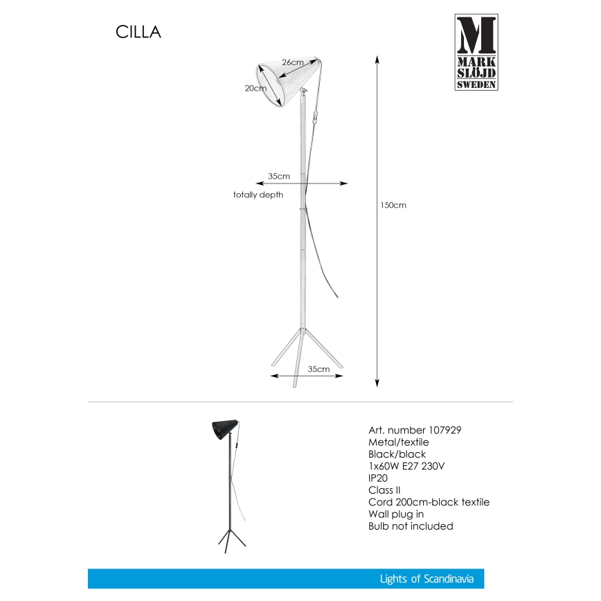 Markslöjd 107929 - Põrandalamp CILLA 1xE27/60W/230V