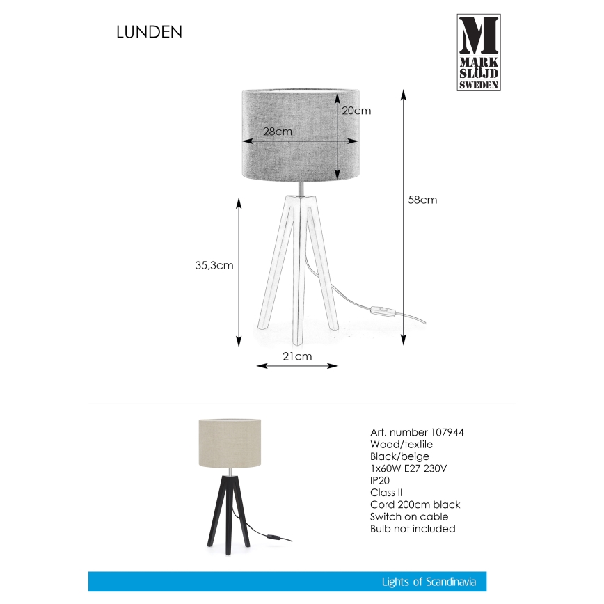 Markslöjd 107944 - Laualamp LUNDEN 1xE27/60W/230V