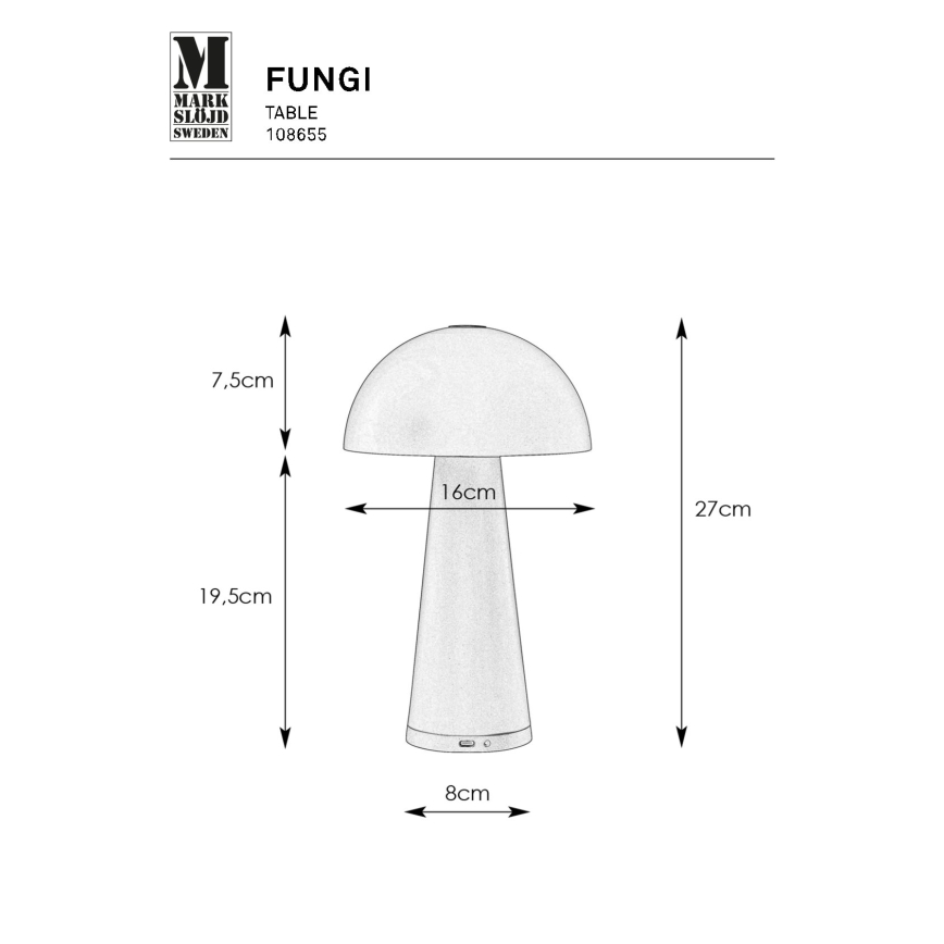Markslöjd 108655 - LED Hämardatav laetav lamp FUNGI LED/1,5W/5V IP44 must