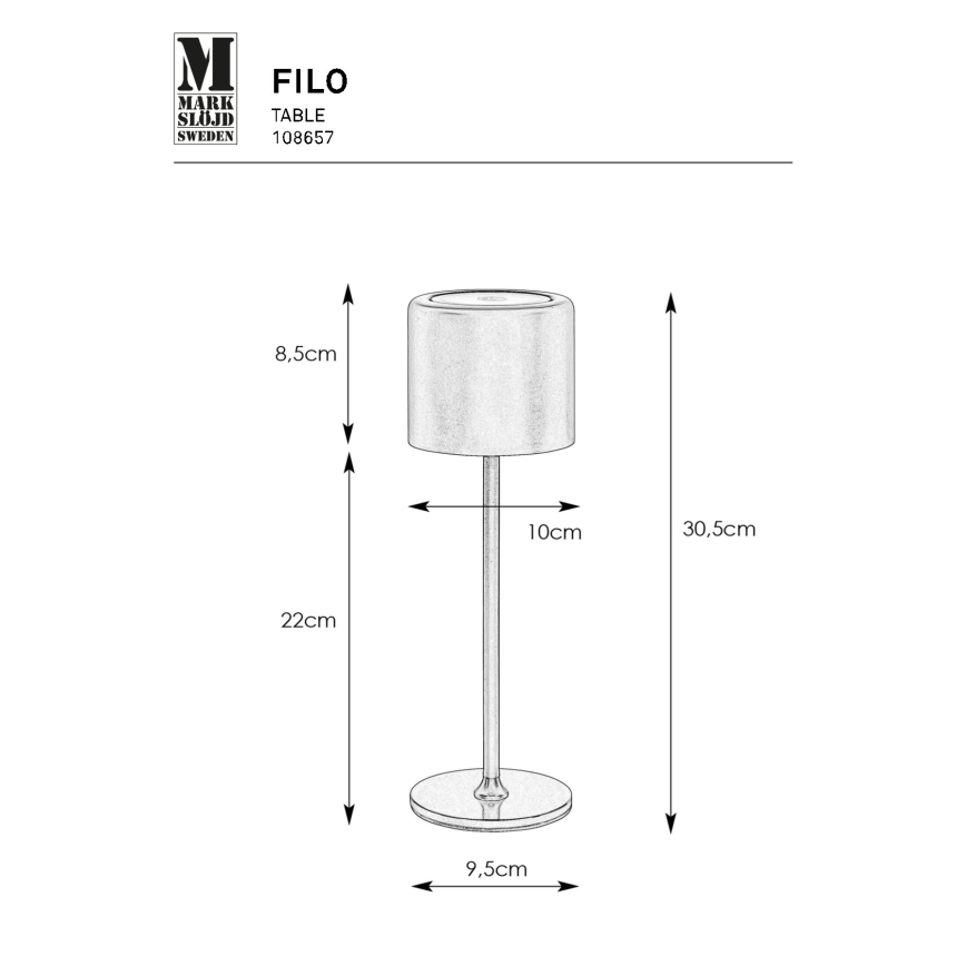 Markslöjd 108657 - LED Hämardatav laetav laualamp FILO LED/2W/5V IP44 30 cm must