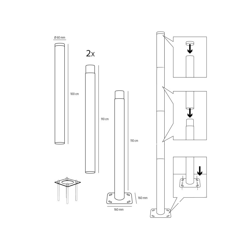 Metallist mast välisvalgustuseks BASE, 4 m, läbimõõduga 60 mm, must