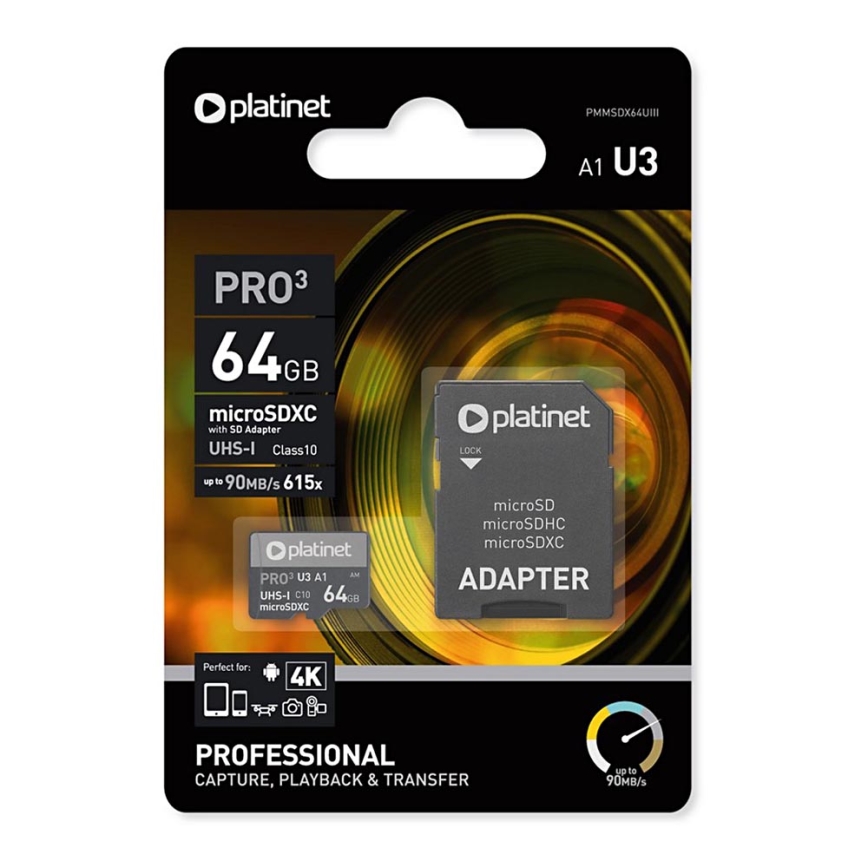 MicroSDXC 64GB U3 Pro A1 90MB/s + SD Adapter