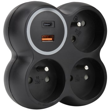 Mitmikkontakt 3× 15 A koos USB-A ja USB-C portidega, must