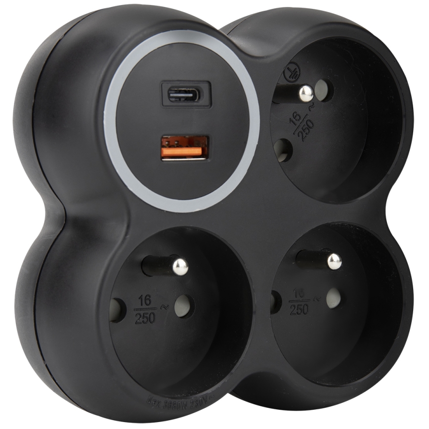 Mitmikkontakt 3× 15 A koos USB-A ja USB-C portidega, must