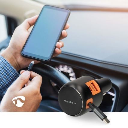 Autolaadija keritava kaabliga Power Delivery 30W 2xUSB-C + 1xUSB-A