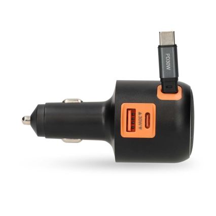 Autolaadija keritava kaabliga Power Delivery 30W 2xUSB-C + 1xUSB-A