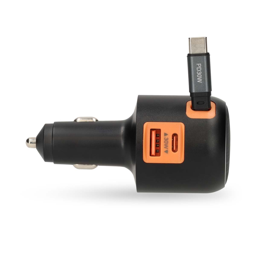 Autolaadija keritava kaabliga Power Delivery 30W 2xUSB-C + 1xUSB-A