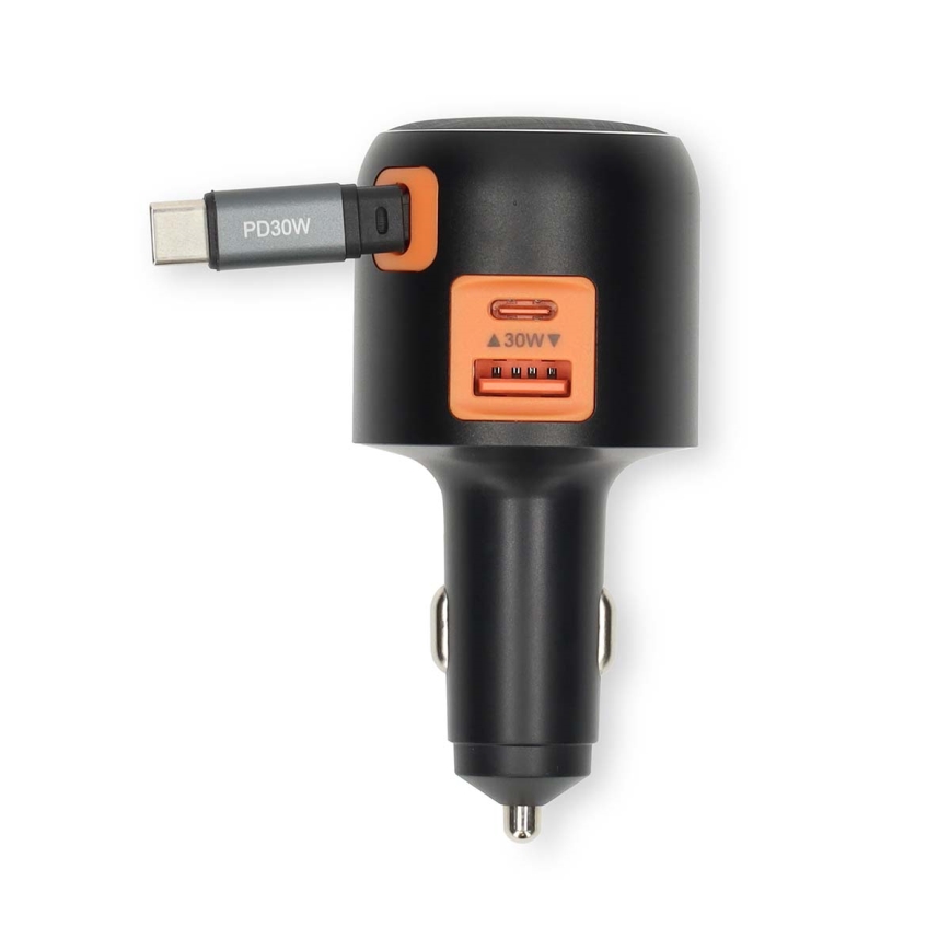 Autolaadija keritava kaabliga Power Delivery 30W 2xUSB-C + 1xUSB-A