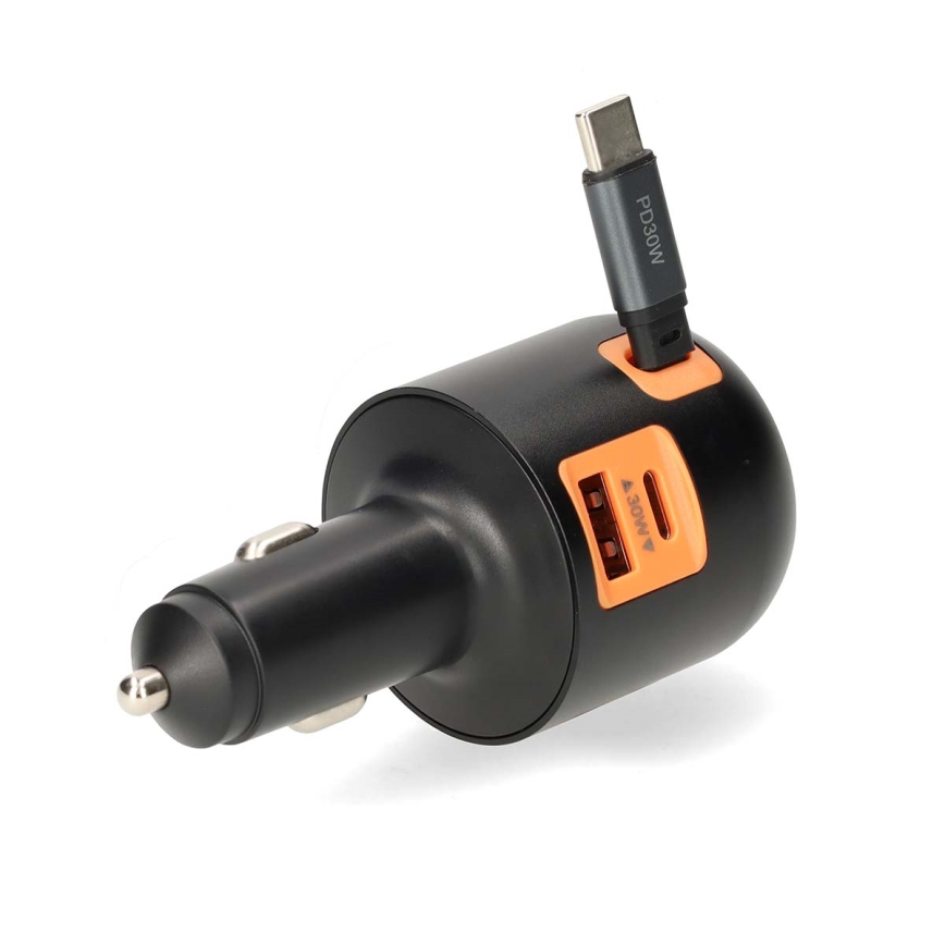 Autolaadija keritava kaabliga Power Delivery 30W 2xUSB-C + 1xUSB-A