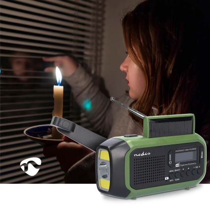 DAB+/FM-raadio käsikäivitusega, päikesepaneeliga ja integreeritud LED-taskulambiga, 5V/2500 mAh, roheline/must