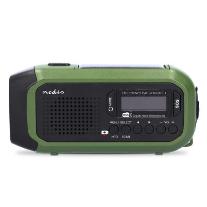 DAB+/FM-raadio käsikäivitusega, päikesepaneeliga ja integreeritud LED-taskulambiga, 5V/2500 mAh, roheline/must