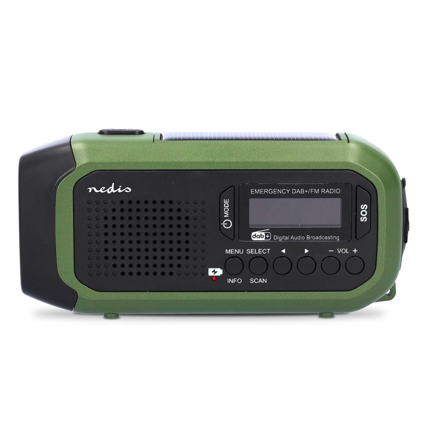 DAB+/FM-raadio käsikäivitusega, päikesepaneeliga ja integreeritud LED-taskulambiga, 5V/2500 mAh, roheline/must