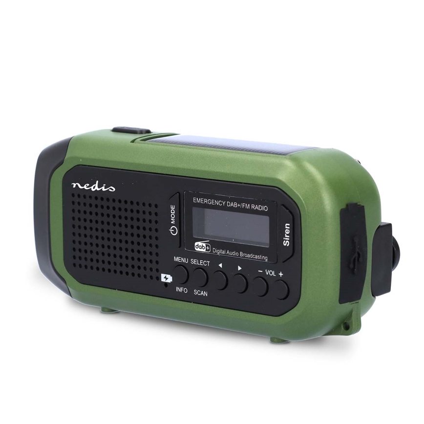 DAB+/FM-raadio käsikäivitusega, päikesepaneeliga ja integreeritud LED-taskulambiga, 5V/2500 mAh, roheline/must