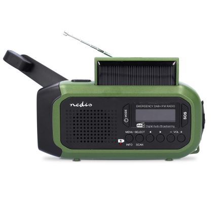 DAB+/FM-raadio käsikäivitusega, päikesepaneeliga ja integreeritud LED-taskulambiga, 5V/2500 mAh, roheline/must